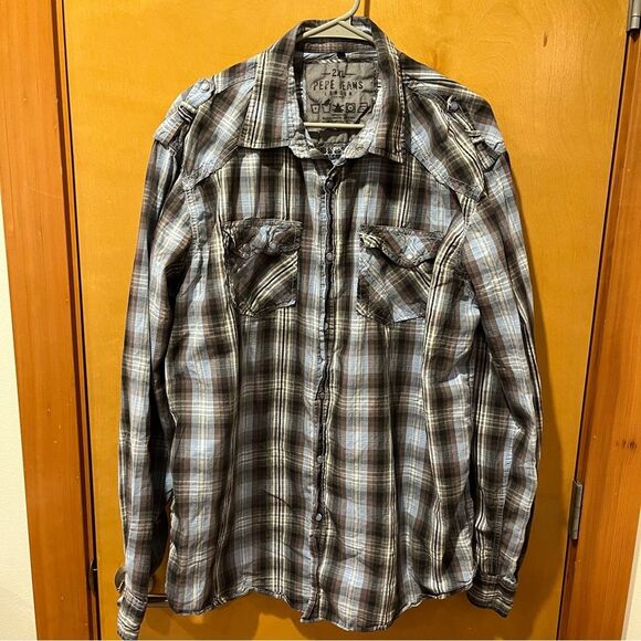 Pepe xxl blue black plaid button down long sleeve shirt men’s - Picture 1 of 5